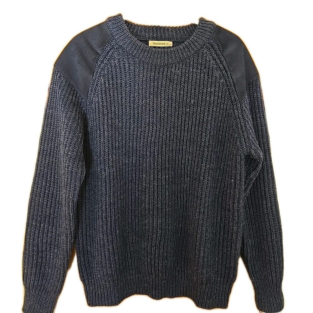 Woolovers Fisherman Knit Wool Sweater With Suede Elbow Pads Sz Medium- Blue Mens